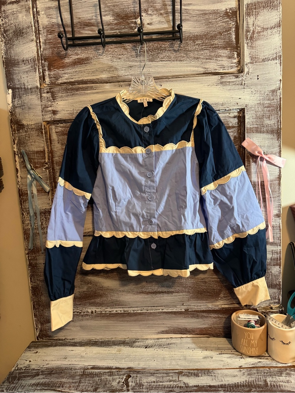 TCEC Navy, Light Blue & Cream Scalloped Peplum Button-Down Top